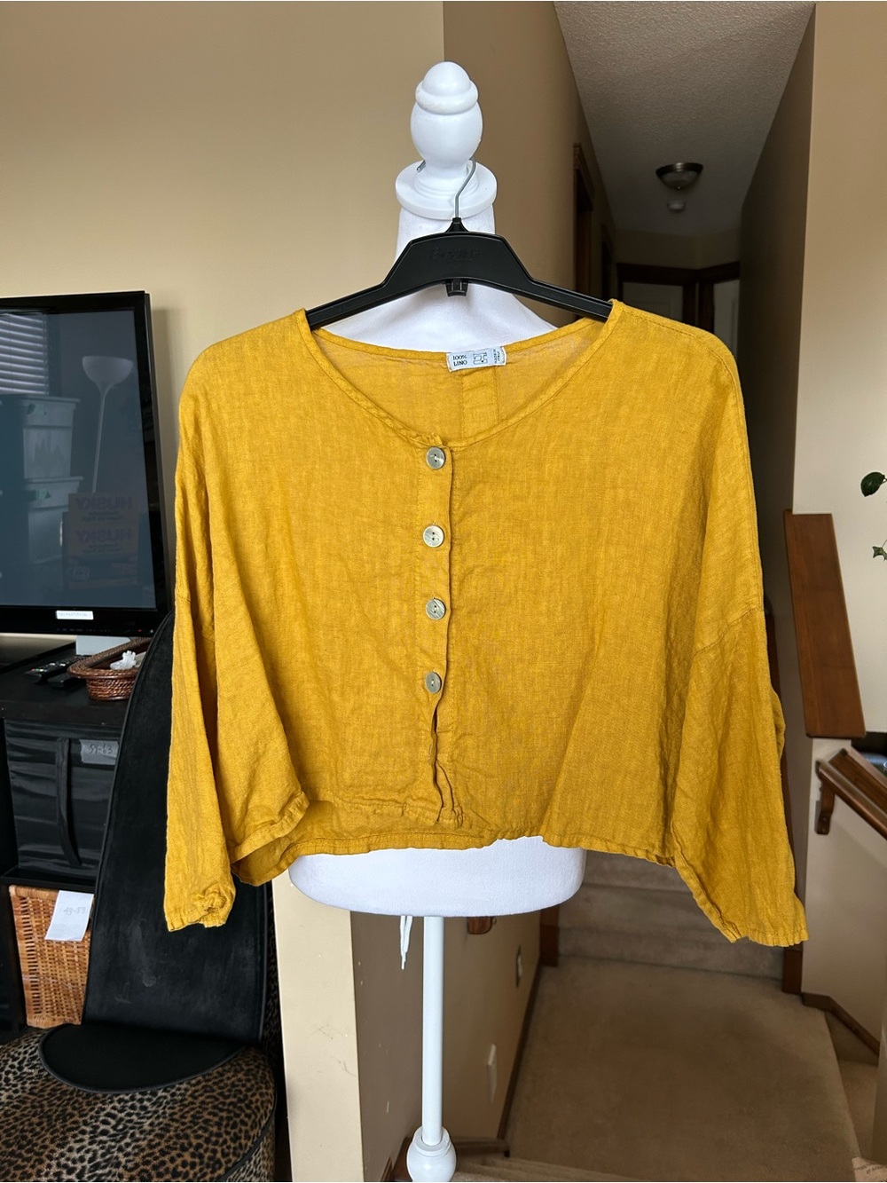 Linen Button-Front Relaxed fit Cropped Top - Mustard